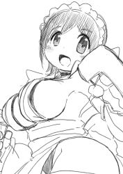 Rule 34 | 1girl, apron, breasts, butterfly swords, cleavage, hair ornament, hairclip, happy, highleg, highleg leotard, highres, holding, holding weapon, iroha (samurai spirits), large breasts, leotard, leotard under clothes, looking at viewer, maid, maid headdress, monochrome, open mouth, promacia, samurai spirits, sideboob, simple background, smile, snk, solo, thong leotard, weapon, wide hips