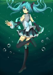 Rule 34 | 1girl, aqua eyes, aqua hair, bubble, detached sleeves, from behind, gradient background, hatsune miku, headset, highres, izzu-shi, long hair, miniskirt, necktie, pleated skirt, ribbon, skirt, solo, sparkle, tattoo, thighhighs, twintails, underwater, vocaloid