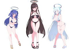 Rule 34 | 3girls, absurdres, alternate costume, bare arms, bare legs, bare shoulders, bikini, black bikini, black footwear, blue archive, blunt bangs, blush, breasts, cleavage, closed mouth, full body, grey hair, hair ornament, hairclip, halo, highres, hime cut, large breasts, long hair, looking at viewer, mechanical halo, midang, multiple girls, navel, noa (blue archive), one eye closed, open mouth, purple eyes, purple hair, rio (blue archive), sandals, simple background, swimsuit, two side up, very long hair, white background, white bikini, yuuka (blue archive)
