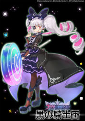 Rule 34 | 1girl, black background, bow, bug, butterfly, candy, claudia (knights chronicle), copyright name, dress, drill hair, eyepatch, food, full body, gokuma, highres, bug, knights chronicle, multicolored hair, nail polish, official art, open mouth, pink eyes, pink hair, solo, sparkle, staff, star (symbol), teeth, thighhighs, twintails, two-tone hair, white hair