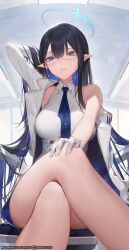 Rule 34 | 1girl, absurdres, armband, black hair, blue archive, blue armband, blue eyes, blue hair, blue halo, blue necktie, blush, breasts, coat, collared shirt, colored inner hair, crossed legs, feet out of frame, glasses, gloves, halo, highres, large breasts, long hair, monosucre, multicolored hair, necktie, pointy ears, rin (blue archive), round eyewear, shirt, sleeveless, sleeveless shirt, solo, twitter username, white coat, white gloves, white shirt