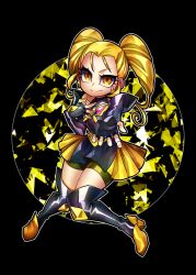 Rule 34 | 1girl, black background, black footwear, black gloves, black shorts, blonde hair, boots, butterfly earrings, commentary request, crystal, dark cure (yes! precure 5), dark lemonade, dark persona, dual persona, earrings, elbow gloves, fingerless gloves, full body, gloves, hair ornament, hair pulled back, jewelry, knee boots, kugimiya rie, looking at viewer, magical girl, medium hair, multicolored clothes, multicolored footwear, multicolored skirt, precure, reaching, reaching towards viewer, senmu (0107), shorts, shorts under skirt, simple background, skirt, smile, solo, twintails, yellow eyes, yellow footwear, yellow skirt, yes! precure 5