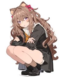 Rule 34 | 1girl, animal ear fluff, animal ears, black footwear, black jacket, blush, bow, breasts, brown hair, brown socks, commentary request, crossed arms, extra ears, full body, hair between eyes, hair bow, highres, jacket, long hair, long sleeves, looking at viewer, neckerchief, nyum, original, parted lips, red bow, sailor collar, shoes, simple background, socks, solo, squatting, very long hair, white background, white sailor collar, yellow neckerchief