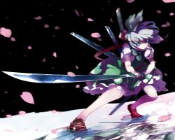 Rule 34 | 1girl, black bow, blue eyes, bow, closed mouth, fighting stance, green skirt, green vest, grey hair, hair bow, hairband, highres, holding, holding sword, holding weapon, ikurauni, katana, konpaku youmu, leaning forward, legs apart, looking at viewer, motion blur, petals, red footwear, red ribbon, reflection, ribbon, sheath, sheathed, shirt, shoes, short hair, skirt, skirt set, solo, standing, sword, touhou, unsheathed, vest, weapon, white shirt