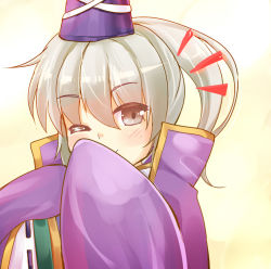 Rule 34 | 1girl, blush, cape, covering own mouth, covering privates, hat, mononobe no futo, niiya, one eye closed, ponytail, short hair, silver hair, smile, solo, tate eboshi, touhou, wink