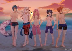 Rule 34 | 5girls, abs, animal print, arm behind back, armpits, atramada, beach, bird print, blue hair, blue male swimwear, blue swim trunks, blush, breasts, commentary, commission, contrapposto, english commentary, fire emblem, food, grey hair, groin, hair between eyes, hand in own hair, hand on own hip, hands on own hips, highres, holding, holding swim ring, innertube, larcei (fire emblem), leonie pinelli, lucina (fire emblem), male swimwear, male swimwear challenge, medium breasts, micaiah (fire emblem), mitama (fire emblem), multiple girls, navel, nintendo, nipples, pink hair, pink male swimwear, pink swim trunks, popsicle, print innertube, print male swimwear, print swim trunks, red male swimwear, red swim trunks, sand, short hair, small breasts, smile, sunset, swim ring, swim trunks, swimsuit, topless, water