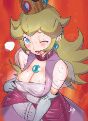 Rule 34 | 1girl, adjusting clothes, bare shoulders, blonde hair, blue eyes, blush, breasts, chest jewel, cleavage, cleavage cutout, cleavage reach, clothing cutout, crown, dress, earrings, elbow gloves, female focus, gloves, hot, jewelry, jipin, large breasts, long hair, mario (series), nintendo, one eye closed, open mouth, princess peach, puffy short sleeves, puffy sleeves, purple dress, red background, see-through, see-through sleeves, short sleeves, solo, sphere earrings, steaming body, super mario bros. 1, sweat, white gloves