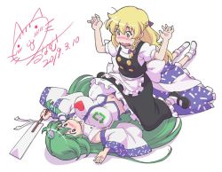 Rule 34 | 2girls, apron, black footwear, black skirt, black vest, blonde hair, blue skirt, blush, bobby socks, bow, braid, breasts, commentary request, dated, detached sleeves, frog hair ornament, full body, girl on top, gohei, green hair, hair bow, hair ornament, hair tubes, hands up, holding, kirisame marisa, kochiya sanae, large breasts, like and retweet, long hair, long sleeves, looking at another, lunamoon, lying, mary janes, midriff, multiple girls, navel, no headwear, no headwear, on back, open mouth, purple bow, purple eyes, shirt, shoes, short sleeves, signature, single braid, sitting, sitting on person, skirt, snake hair ornament, socks, touhou, twitter, vest, waist apron, wavy mouth, white background, white footwear, white legwear, white shirt, wide sleeves, yellow eyes