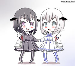 Rule 34 | 10s, 2girls, :d, abyssal ship, abyssal twin princess (black), bag, black dress, black hair, blush stickers, bow, bowtie, chibi, colored skin, commentary request, dress, gradient background, grey eyes, headgear, kantai collection, looking at viewer, mitsukoshi (department store), multiple girls, night strait princess (white), open mouth, purple eyes, roshiakouji-chan, shopping bag, short hair, simple background, smile, striped clothes, striped legwear, striped thighhighs, thighhighs, twitter username, vertical-striped clothes, vertical-striped thighhighs, white dress, white hair, white skin, zettai ryouiki