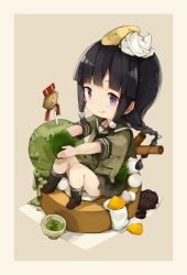 Rule 34 | 10s, 1girl, :q, ankle socks, black hair, blunt bangs, border, braid, brown background, cake, chibi, eyebrows, food, food on head, ice cream, in food, kantai collection, kitakami (kancolle), knees up, licking lips, loafers, long hair, malachite, medal, object on head, purple eyes, school uniform, shoes, short sleeves, sidelocks, single braid, sitting, skirt, socks, solo, swiss roll, tongue, tongue out, wafer stick, whipped cream