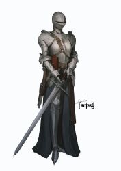 Rule 34 | absurdres, armor, belt, belt pouch, cape, facing viewer, full body, gauntlets, gun, helm, helmet, highres, holding, holding sword, holding weapon, knight, o-ring, original, plate armor, pouch, simple background, sonech, standing, sword, weapon, white background