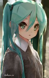 Rule 34 | 1girl, aqua hair, bad id, bad pixiv id, blurry, blurry background, collared shirt, green eyes, hair between eyes, hatsune miku, highres, long hair, parted lips, shirt, solo, sweater, takepon1123, twintails, twitter username, vocaloid
