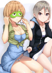 Rule 34 | 10s, 2girls, aiba yumi, bad id, bad nicoseiga id, belt, black eyes, breasts, brown hair, cleavage, clothes lift, collarbone, commentary request, dress, eyebrows, fay (fay axl), female focus, gradient background, grey hair, idolmaster, idolmaster cinderella girls, jewelry, looking at viewer, multiple girls, necklace, out of frame, panties, pantyshot, shiomi syuko, short hair, sitting, skirt, skirt lift, smile, underwear, white background, white panties