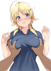 Rule 34 | 1girl, ahoge, blonde hair, blue eyes, blue shirt, blush, grabbing another&#039;s breast, breasts, flying sweatdrops, grabbing, hachimiya meguru, hair ornament, hairclip, hands up, idolmaster, idolmaster shiny colors, kanzarin, large breasts, long hair, looking at viewer, low twintails, open mouth, polo shirt, shirt, short sleeves, simple background, solo focus, star (symbol), star hair ornament, swept bangs, twintails