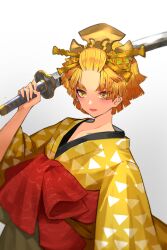 Rule 34 | 1boy, agatsuma zenitsu, blonde hair, crossdressing, danryoku (ucrh3525), forked eyebrows, gradient clothes, hair ornament, hair pulled back, hair stick, hand up, highres, holding, holding sword, holding weapon, japanese clothes, kimetsu no yaiba, kimono, lipstick, long sleeves, looking afar, makeup, male focus, obi, sash, short hair, simple background, solo, sword, trap, triangle print, upper body, weapon, white background, wide sleeves, yellow eyes, yellow kimono