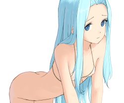 Rule 34 | 1girl, ass, bent over, bikini, blue eyes, blue hair, bottomless, covered erect nipples, granblue fantasy, highres, long hair, looking at viewer, lyria (granblue fantasy), micro bikini, shin (shincrz), simple background, solo, string bikini, swimsuit, v arms, very long hair, white background, white bikini