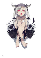 Rule 34 | 1girl, barefoot, black dress, character request, choker, copyright request, dress, fang, highres, horns, nail polish, off-shoulder dress, off shoulder, ogipote, red eyes, sitting, solo, tail, wings