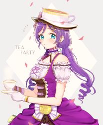 Rule 34 | 1girl, absurdres, aqua eyes, azuma (no488888), blush, breasts, clothing cutout, cup, dress, gloves, hat, highres, long hair, looking at viewer, love live!, love live! school idol project, medium breasts, puffy short sleeves, puffy sleeves, purple dress, purple hair, short sleeves, shoulder cutout, single glove, solo, teacup, tojo nozomi, twintails, white gloves
