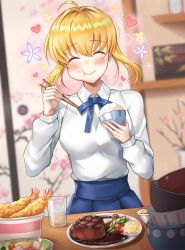 Rule 34 | 1girl, ahoge, artoria pendragon (fate), blonde hair, blue neckwear, blue ribbon, blue skirt, blush, bowl, breasts, chopsticks, commentary request, eating, fate/grand order, fate (series), food, heart, highres, holding, holding bowl, holding chopsticks, indoors, large breasts, long sleeves, looking at viewer, ribbon, rice, shirt, short hair, skirt, smile, solo, table, ubi (ekdus6080), white shirt
