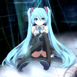 Rule 34 | 1girl, aqua eyes, aqua hair, bare shoulders, black thighhighs, blush, detached sleeves, female focus, full body, grune, hatsune miku, highres, long hair, necktie, open mouth, sitting, skirt, solo, thighhighs, twintails, vocaloid