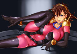 Rule 34 | 1girl, blue eyes, boots, breasts, brown hair, cameltoe, choker, cleavage, collarbone, covered erect nipples, covered navel, earrings, female focus, g gundam, gundam, hairband, jewelry, large breasts, leg up, lying, marubonman, mobile trace suit, naughty face, on side, pussy juice, rain mikamura, short hair, skin tight, smile, solo