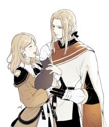 Rule 34 | 1boy, 1girl, :d, absurdres, animal, armor, black ribbon, blonde hair, brother and sister, brown dress, cat, da-cart, dress, earrings, closed eyes, fire emblem, fire emblem: three houses, fire emblem warriors: three hopes, forehead, hair ribbon, highres, holding, holding animal, holding cat, jeritza von hrym, jewelry, long hair, long sleeves, mercedes von martritz, nintendo, no headwear, no headwear, open mouth, pauldrons, ribbon, shirt, shoulder armor, siblings, simple background, smile, upper body, vambraces, white background, white shirt