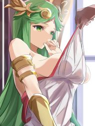 Rule 34 | absurdres, breast focus, breast lift, breasts, convenient censoring, green eyes, green hair, headdress, highres, kid icarus, large breasts, nintendo, palutena, pulling at clothes, tomas (kaosu22), topless, undressing, undressing another