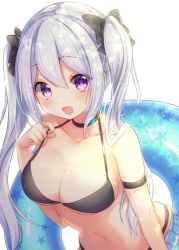 Rule 34 | 1girl, :d, aoba chise, aoba project, armband, bare shoulders, bikini, black bikini, bow, breasts, choker, cleavage, collarbone, commentary request, gomano rio, hair bow, halterneck, hand up, highres, innertube, large breasts, leaning forward, long hair, looking at viewer, navel, open mouth, purple eyes, sarong, sidelocks, silver hair, simple background, smile, solo, star (symbol), star print, stomach, strap pull, swim ring, swimsuit, twintails, upper body, white background
