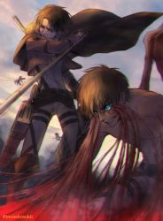 Rule 34 | 2boys, angry, blood, blue eyes, brown eyes, cable, clenched teeth, dual wielding, eren yeager, holding, jacket, lena rena, levi (shingeki no kyojin), male focus, military, military uniform, multiple boys, shingeki no kyojin, topless male, sunset, teeth, thigh strap, three-dimensional maneuver gear, tonfa, twitter username, uniform, weapon, wire