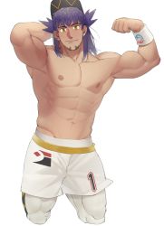 Rule 34 | 1boy, abs, alternate skin color, bad id, bad twitter id, bara, baseball cap, biceps, bright pupils, bulge, creatures (company), cropped legs, facial hair, flexing, game freak, goatee, hat, highres, large pectorals, leggings, leon (pokemon), long hair, looking at viewer, male focus, muscular, muscular male, navel, nintendo, nipples, nywlub (bulwyn), pectorals, pokemon, pokemon swsh, purple hair, short shorts, shorts, solo, stomach, topless male, white leggings, white pupils, white shorts, yellow eyes
