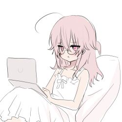 Rule 34 | 1girl, :t, bare arms, bare shoulders, closed mouth, collarbone, computer, dress, feet out of frame, glasses, hair between eyes, highres, laptop, long hair, mimi (shiodome oji), one side up, original, pink eyes, pink hair, pout, shiodome oji, simple background, sleeveless, sleeveless dress, solo, white background, white dress