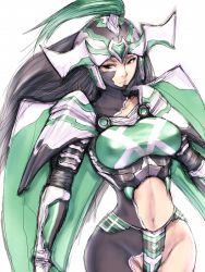 Rule 34 | 1girl, armor, asymmetrical clothes, black eyes, black hair, breasts, curvy, fumio (rsqkr), green hair, helmet, hip focus, large breasts, long hair, looking at viewer, midriff, pauldrons, samurai, shoulder armor, solo, white background, wide hips