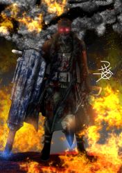 Rule 34 | 1boy, armor, artist name, axe, belt, belt boots, black hair, blood, blood on clothes, blood splatter, blood stain, bloody weapon, boots, coat, dog tags, dual wielding, explosive, fire, gas mask, gloves, glowing, glowing eyes, grenade, holding, holding weapon, huge weapon, kamio reiji (yua), kantai collection, knife, looking at viewer, male focus, mask, original, signature, sketch, smoke trail, solo, spiked hair, standing, trench coat, vest, weapon, yua (checkmate)