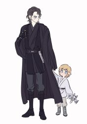 Rule 34 | 2boys, anakin skywalker, animification, blonde hair, blue eyes, blush, boots, brown hair, child, energy sword, father and son, highres, lightsaber, luke skywalker, multiple boys, scar, scar across eye, simple background, skdlfjgrp, star wars, star wars: a new hope, star wars: revenge of the sith, sword, toy, weapon, white background, x-wing