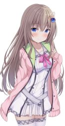 Rule 34 | 1girl, 9-nine-, arm behind back, belt, blue eyes, blush, breasts, brown hair, center frills, closed mouth, collar, collarbone, commentary, eyelashes, frills, gear hair ornament, green collar, grey belt, hair between eyes, hand on own chest, hanonokusa, highres, jacket, kujou miyako, large breasts, long hair, looking at viewer, open clothes, open jacket, pink jacket, pink ribbon, ribbon, sidelocks, simple background, smile, solo, standing, star (symbol), thighhighs, very long hair, white background, white jacket, white thighhighs, wing hair ornament, zettai ryouiki