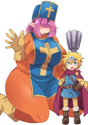 Rule 34 | 1boy, 1girl, age difference, amagaeru (hylathewet), belt, blonde hair, blue dress, blue eyes, blue headwear, blush, bodysuit, boots, braid, breasts, brown footwear, character request, child, circlet, closed mouth, commentary request, commission, covered erect nipples, cross, dragon quest, dragon quest iii, dress, feet out of frame, full body, hair over eyes, hat, highres, horns, huge breasts, knee boots, kneeling, latin cross, long bangs, long hair, long sleeves, looking at viewer, medium hair, open mouth, orange bodysuit, pink hair, pleated dress, pointy ears, priest (dq3), simple background, single braid, single horn, size difference, skeb commission, sleeveless, sleeveless dress, smile, thick thighs, thighs, white background