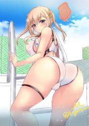 Rule 34 | 1girl, ?, ass, back cutout, blue eyes, blue sky, blush, breasts, chain-link fence, clothing cutout, competition swimsuit, fence, from behind, frown, graf zeppelin (kancolle), hair between eyes, kantai collection, kuga zankurou, large breasts, long hair, looking at viewer, looking back, one-piece swimsuit, outdoors, pool ladder, sideboob, sky, solo, spoken question mark, swimsuit, thigh strap, twintails, twitter username, wet, white one-piece swimsuit