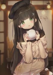 Rule 34 | 1girl, bad id, bad pixiv id, baguette, beret, black hair, black hat, blunt bangs, blurry, blurry background, blush, bread, cake, chocolate cake, cup, fingernails, food, green eyes, green nails, hair ornament, haruri, hat, highres, holding, long hair, long sleeves, looking at viewer, mug, nail polish, open mouth, original, plate, restaurant, smile, solo, straight hair, turtleneck, very long hair