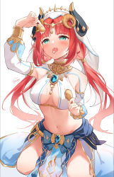 Rule 34 | 1girl, absurdres, arm up, armpits, artist name, bare shoulders, blue bow, blush, bow, breasts, brooch, circlet, crop top, detached sleeves, dripping, food, food on body, food on clothes, forehead jewel, genshin impact, gold trim, harem outfit, hiaoba, highres, holding, holding food, horns, jewelry, kneeling, long hair, long sleeves, looking at viewer, low twintails, medium breasts, navel, neck ring, nilou (genshin impact), open mouth, parted bangs, pelvic curtain, puffy long sleeves, puffy sleeves, red hair, see-through, see-through skirt, simple background, skirt, solo, stomach, thighs, tongue, tongue out, twintails, vambraces, veil, vision (genshin impact), white background