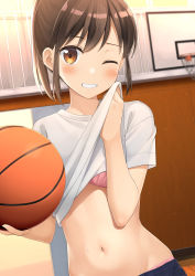 Rule 34 | ;d, absurdres, apollo (hu maple), ball, basketball, basketball (object), basketball hoop, blush, bra, bra peek, breasts, brown hair, clothes lift, grin, gym, highres, holding, holding ball, indoors, lifted by self, looking at viewer, navel, one eye closed, open mouth, orange eyes, original, panties, panty peek, pink bra, pink panties, ponytail, shirt, shirt lift, short hair, short sleeves, sidelocks, small breasts, smile, solo, stomach, sweat, swept bangs, teeth, underwear, upper body, white shirt