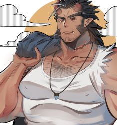 Rule 34 | 1boy, bara, black hair, body hair, brk 603, chest hair, covered erect nipples, cropped torso, demon boy, facial hair, fang, fiery horns, goatee, highres, horns, jewelry, large pectorals, long sideburns, looking at viewer, male focus, manly, medium hair, muscular, necklace, pectorals, red eyes, scar, sideburns, solo, stubble, takemaru (housamo), tank top, thick eyebrows, tokyo houkago summoners, topless male, upper body