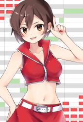 1girl akikan_sabago bare_arms bare_shoulders belt brown_eyes brown_hair collarbone commentary dot_nose hand_on_own_hip hand_up highres index_finger_raised looking_at_viewer meiko_(vocaloid) midriff nail_polish navel open_mouth red_nails red_skirt red_vest short_hair skirt smile solo upper_body vest vocaloid white_belt