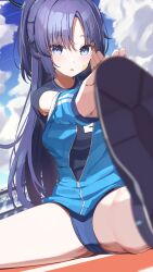 Rule 34 | 1girl, absurdres, black footwear, blue archive, blue buruma, blue eyes, blue hair, blue jacket, blue shirt, blue sky, blurry, blurry background, blurry foreground, blush, buruma, cloud, cloudy sky, commentary, depth of field, gym, gym shirt, gym uniform, halo, hands up, highres, jacket, long hair, looking at viewer, off shoulder, official alternate costume, official alternate hairstyle, outdoors, parted bangs, partially unzipped, ponytail, railroad tracks, ringopan, shirt, short sleeves, sky, spread legs, star (symbol), sticker on face, stretching, track jacket, very long hair, yuuka (blue archive), yuuka (track) (blue archive), zipper pull tab