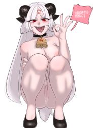 Rule 34 | absurdres, ahegao, animal ears, baphomet (grizz), black nails, breasts, collar, completely nude, cowbell, demon girl, goat ears, goat eyes, goat girl, goat horns, goat tail, handjob gesture, helltaker, high heels, highres, horns, korean text, large breasts, nail polish, neck bell, nipples, nude, pentagram, pussy juice, red eyes, saliva, tongue, tongue out, white background, white hair