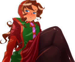 Rule 34 | 1girl, blue eyes, blush, breasts, curly hair, dragon quest, dragon quest vii, dress, female focus, idnosita, long hair, maribel (dq7), pantyhose, red hair, simple background, solo, white background