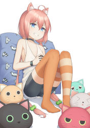 Rule 34 | 1girl, ahoge, animal ear fluff, animal ears, ass, bike shorts, black choker, black shorts, blue eyes, brown hair, cat-shaped pillow, cat ears, choker, commentary request, grin, hair between eyes, hair bobbles, hair ornament, hanavvi, highres, hinata channel, long hair, low twintails, nekomiya hinata, no shoes, orange thighhighs, pillow, shorts, sitting, smile, solo, striped clothes, striped thighhighs, thighhighs, twintails, very long hair, virtual youtuber