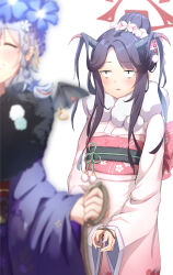 Rule 34 | 2girls, black hair, blue archive, blue flower, blue kimono, blurry, blush, closed eyes, commentary request, constricted pupils, depth of field, feet out of frame, flower, fur-trimmed kimono, fur trim, fuuka (blue archive), fuuka (new year) (blue archive), hair bun, hair flower, hair ornament, halo, haruna (blue archive), haruna (new year) (blue archive), highres, holding, holding leash, horns, japanese clothes, kimono, leash, long hair, long sleeves, looking at another, morishin546, multiple girls, obi, official alternate costume, own hands together, parted lips, pink kimono, red halo, restrained, sash, sidelocks, simple background, single hair bun, smile, standing, white background