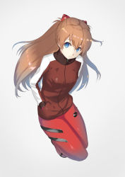 Rule 34 | 1girl, blue eyes, bodysuit, bodysuit under clothes, breasts, brown hair, evangelion: 3.0 you can (not) redo, hand in pocket, interface headset, jacket, long hair, long sleeves, looking at viewer, makoto (bk69and7), neon genesis evangelion, plugsuit, rebuild of evangelion, red bodysuit, simple background, small breasts, solo, soryu asuka langley, souryuu asuka langley, track jacket, turtleneck