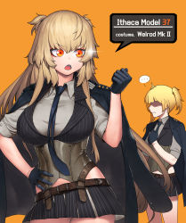 Rule 34 | ..., 2girls, bare hips, belt, black gloves, black neckwear, blonde hair, blush, braid, breasts, brown hair, buckle, cain (gunnermul), character name, collared shirt, collared vest, corset, cosplay, girls&#039; frontline, gloves, hair between eyes, hair ribbon, half gloves, hand on own hip, highres, jacket, jacket on shoulders, large breasts, long hair, looking at hand, m37 (girls&#039; frontline), medium breasts, miniskirt, multiple girls, necktie, orange background, orange eyes, parted lips, pinstripe pattern, pinstripe vest, pleated skirt, ribbon, shirt, short hair, short sleeves, sidelocks, simple background, skirt, sparkle, spoken ellipsis, striped clothes, striped vest, taut clothes, taut shirt, twintails, very long hair, vest, welrod mkii (girls&#039; frontline), welrod mkii (girls&#039; frontline) (cosplay), white shirt