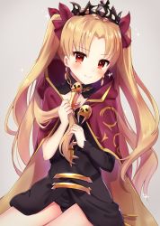 Rule 34 | 1girl, amu (mokopopo), blonde hair, blush, cape, earrings, ereshkigal (fate), fate/grand order, fate (series), hair ribbon, head tilt, highres, jewelry, long hair, looking at viewer, red cape, red eyes, red ribbon, ribbon, single sleeve, skull, smile, solo, spine, tiara, tohsaka rin, two side up